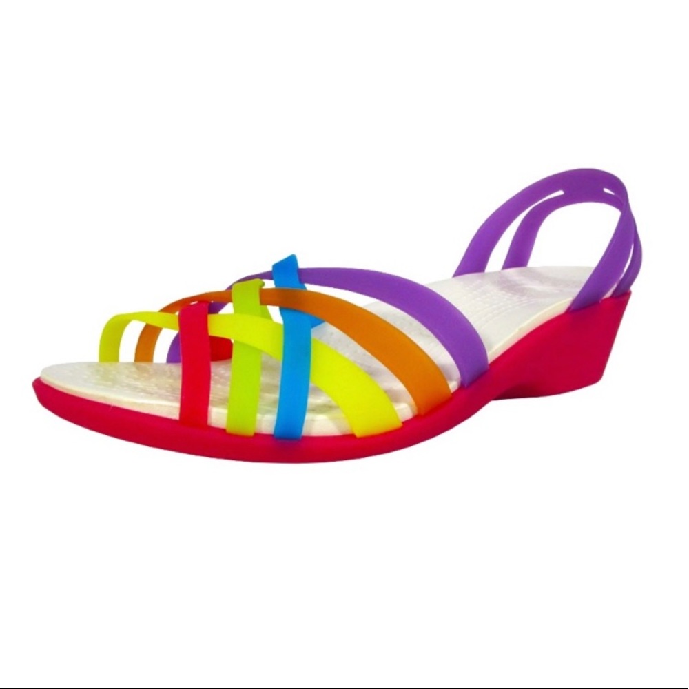 CROCS Women’s rainbow jelly sandals.  Wedge heel.  Sling back.  Size 8.  EUC